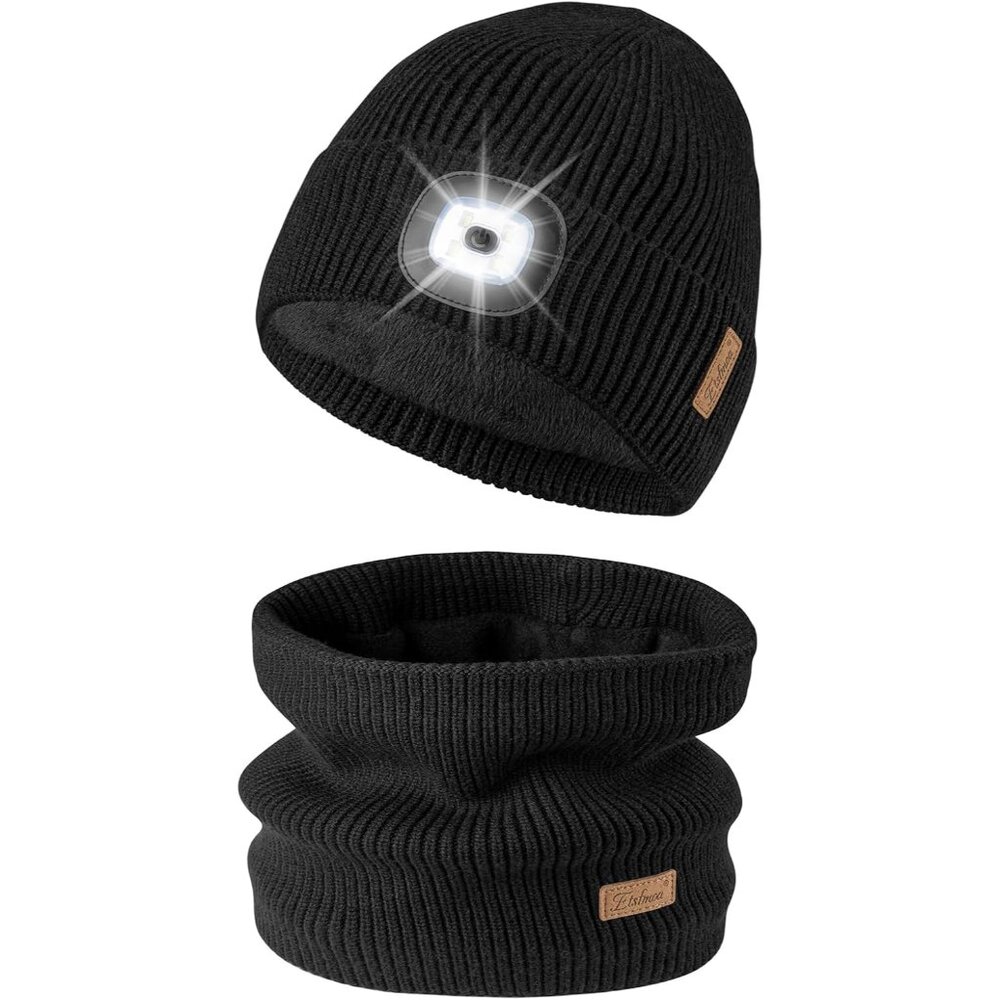 Hat with Light and Scarf Set,Warm Fleece Lined Lighted Beanie for Men,Type-c Rec